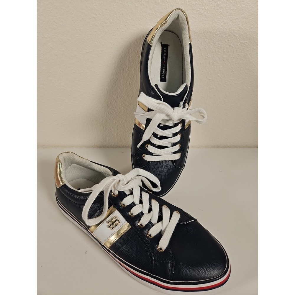 Tommy Hilfiger Navy Blue White Gold  Leather Shoes Classic Preppy Dapper Men 10